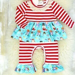NWT Blue/White Romper with Crochet Lace Neckline & Nutcracker print -Size 3-6 mo